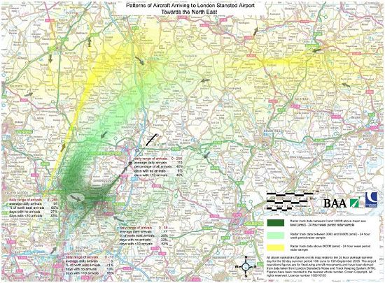 BAA radar map of the actual arrival flight paths at Stansted during one week's flights in Summer 2005 with planes landing from the South West direction