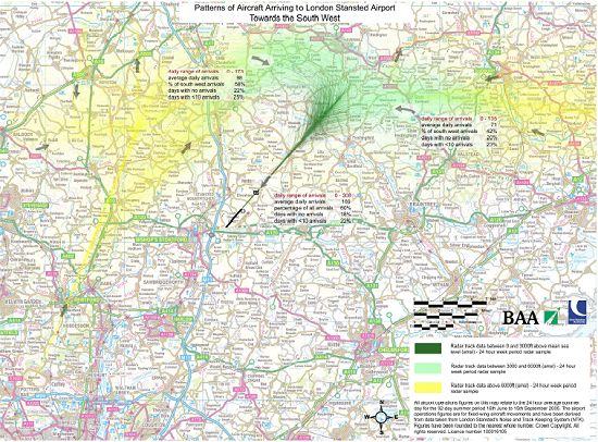 BAA radar map of the actual arrival flight paths at Stansted during one week's flights in Summer 2005 with planes landing from the North East direction