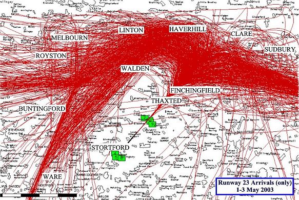 Radar map of the actual arrival flight paths at Stansted between 1st and 3rd May 2003 with planes landing from the North East direction
