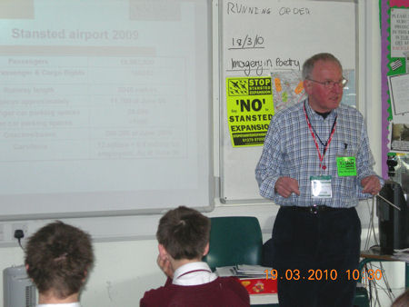 Presentation by Ray Woodcock about Stansted Airport to students at Simon Balle School in Hertford studying for their GCSE Citizenship qualification